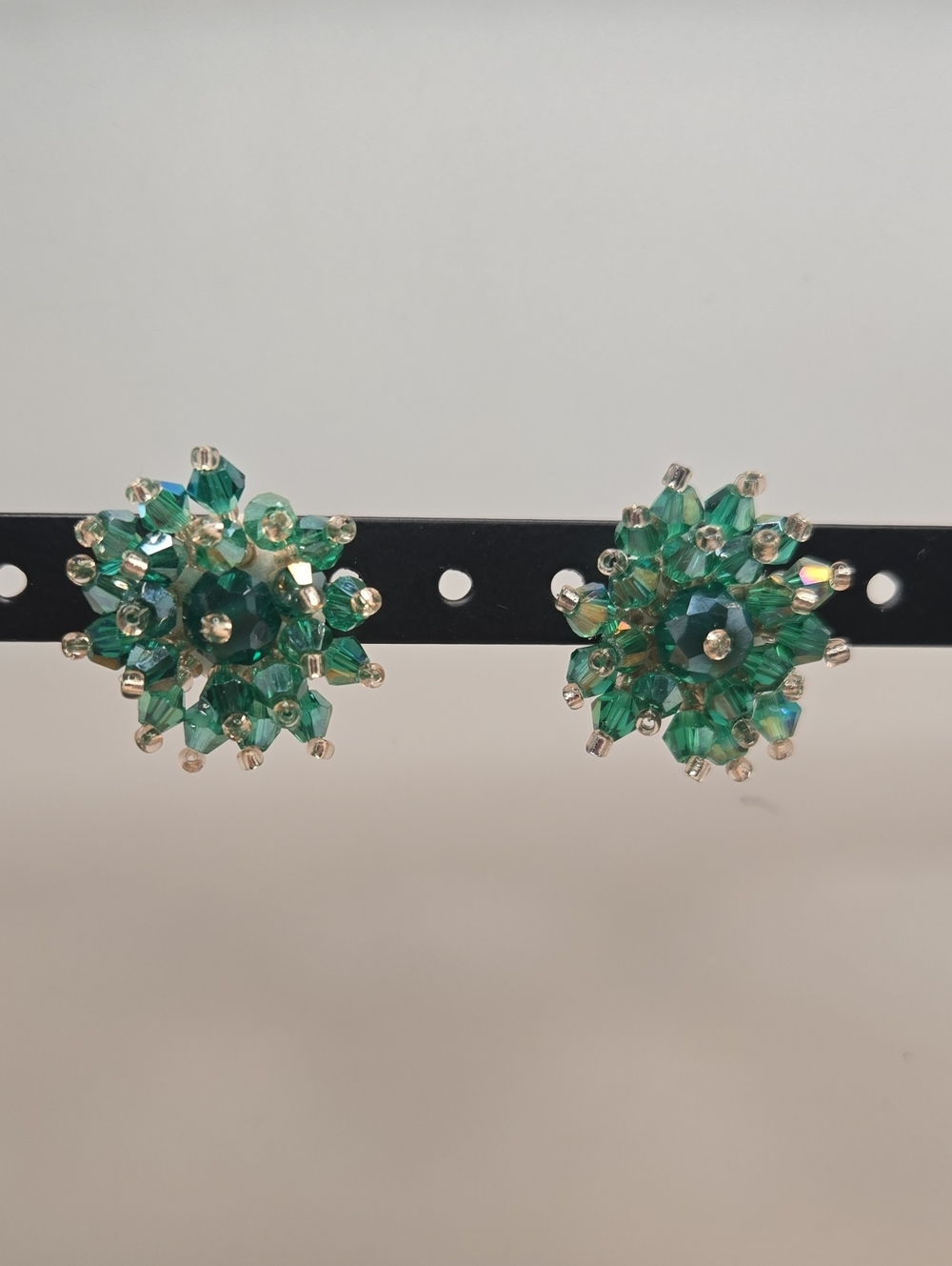 Green Beaded Cluster Crystal Stud Earrings COSTUME JEWELRY (Felt Backed)